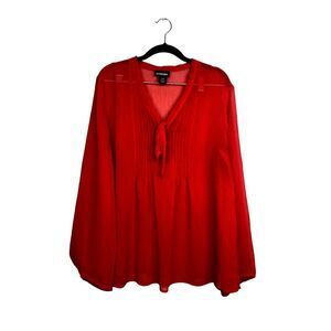 Lane Bryant Sheer Long Sleeve Flowy Lightweight Tie Neck Blouse 18 20 Red #2965